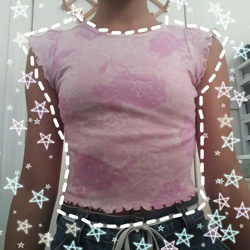 Pink Rose Crop Top w/ Lettuce Hem